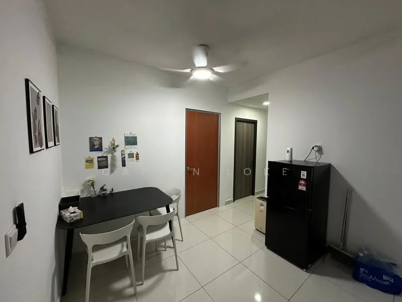 Dining features: white painted walls, glossy white floor tiles, 5-blade ceiling fan with light, black dining table, 4 white plastic dining chairs, fridge, door leading to hallway, door leading to another room, decorative wall art, wall-mounted light switch, power outlet; style: modern.