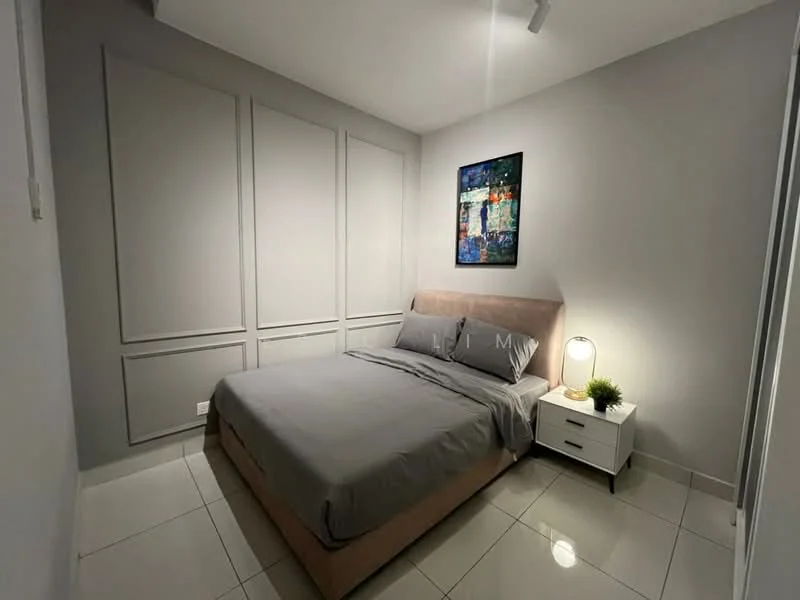Bedroom features: queen-size bed with grey bedding, upholstered headboard, nightstand with lamp, framed artwork on wall, white painted walls, tile flooring, built-in wardrobe, recessed lighting; style: modern.