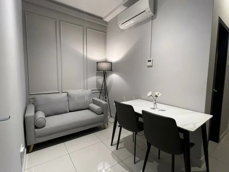 Room features: grey fabric sofa, white marble dining table, 2 dining chairs, wall-mounted air conditioning unit, recessed lighting, grey painted walls, white tiled flooring, floor-to-ceiling window treatments; style: modern.