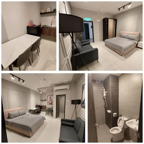 Living features: grey upholstered bed, 2-seater fabric sofa in dark grey, dining table with white tablecloth, 4 dining chairs, wall-mounted air conditioning unit, recessed LED downlights, floor-to-ceiling windows, white painted walls, tile flooring; style: modern. Bathroom features: one-piece toilet, shower with handheld showerhead, grey tile cladding, mirror, sink with faucet; style: modern.