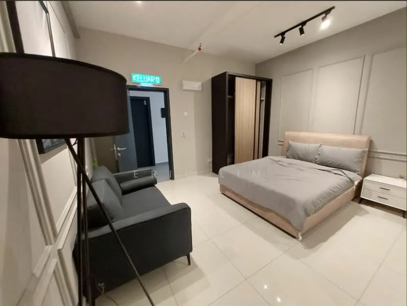 Bedroom features: king-size bed with grey bedding, upholstered headboard, 2 bedside tables with drawers, floor-to-ceiling wardrobe, grey fabric sofa, white ceramic tile flooring, recessed downlights, wall-mounted air conditioning unit, decorative wall paneling, curtains, wall clock; style: modern.