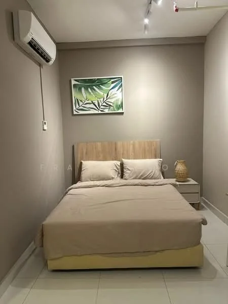 Bedroom features: queen-size bed with beige bedding, wooden headboard, nightstand with lamp, framed artwork on wall, wall-mounted air conditioning unit, light-colored walls, white tiled flooring, recessed lighting; style: modern.