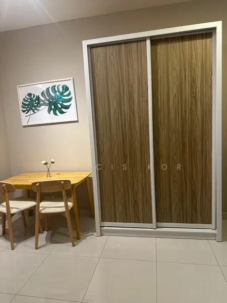 Room features: wooden dining table, 2 wooden dining chairs, sliding wardrobe with wood finish, framed artwork with green leaves, cream painted walls, glossy tile flooring; style: modern.