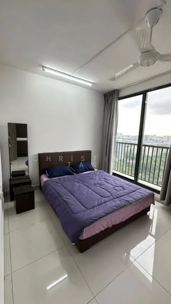 Bedroom features: king-size bed with purple bedding, upholstered headboard, 2 bedside tables, floor-to-ceiling windows, curtains, ceiling fan, white painted walls, glossy tile flooring, mirror on dresser, view of greenery; style: modern; view: garden.