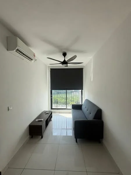Living features: grey fabric sofa, wall-mounted split AC, 5-blade ceiling fan with light, white painted walls, glossy white tile flooring, floor-to-ceiling windows, black roller blinds, TV console, view of greenery; style: modern; view: garden.