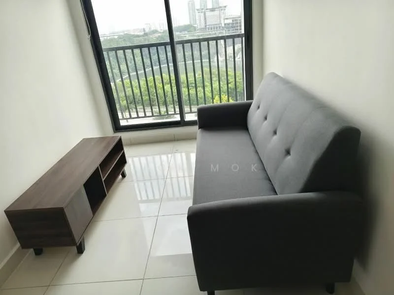 Living features: grey fabric sofa, wooden TV console with open shelving, large floor-to-ceiling window, city view, glossy tile flooring, white painted walls, neutral color palette; style: modern; view: city.