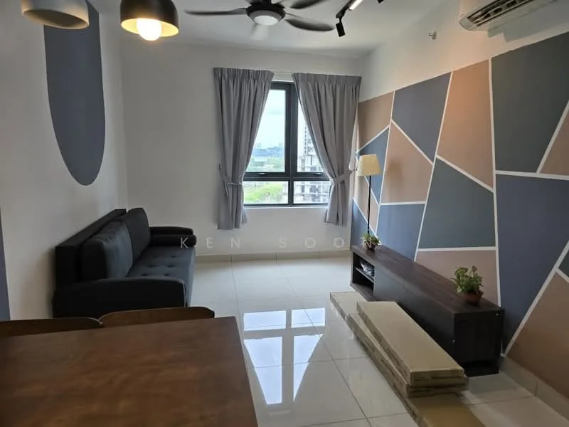 Living features: 3-seater fabric sofa in black, wooden coffee table, TV console, floor-to-ceiling window, grey curtains, white painted walls, accent wall with geometric pattern, recessed downlights, polished tile flooring, ceiling fan; style: modern; view: city.