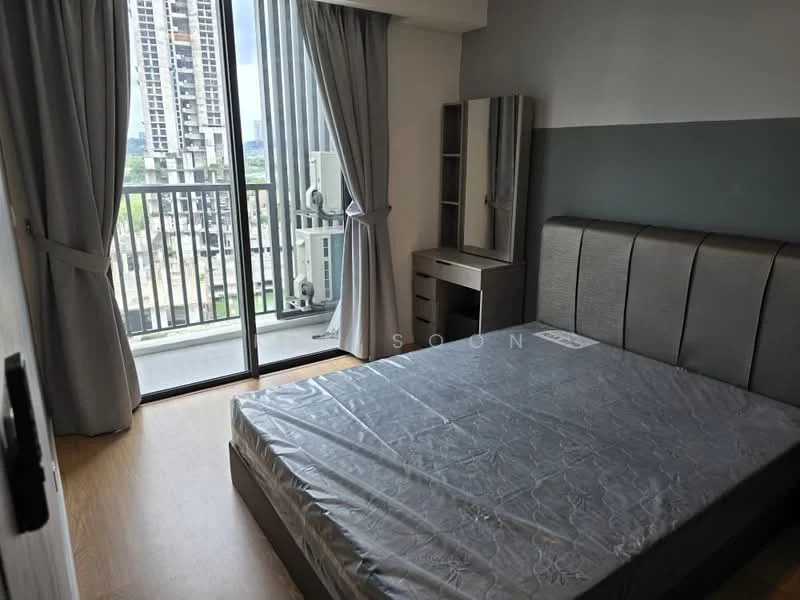 Bedroom features: queen-size bed, upholstered headboard, wooden flooring, floor-to-ceiling windows, sliding glass door, curtains, built-in wardrobe, study desk, chair; style: modern; view: city.