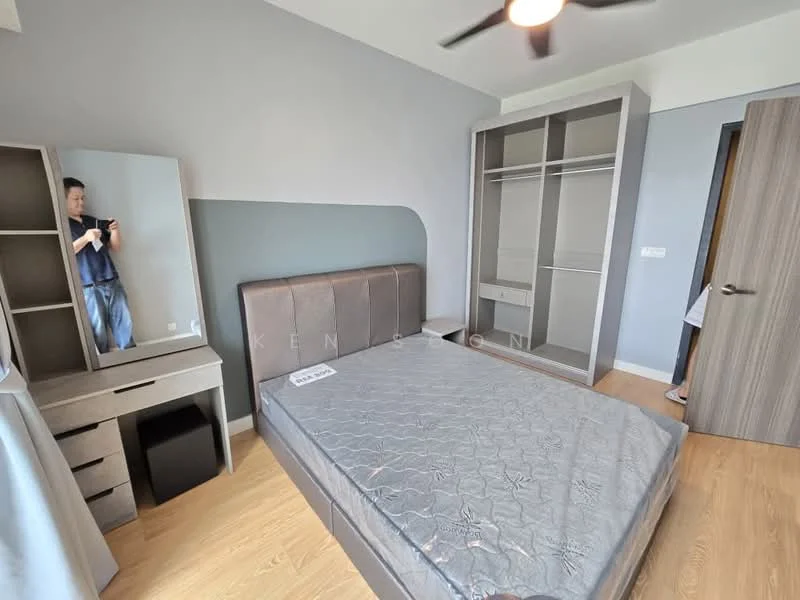 Bedroom features: queen-size bed, upholstered headboard, wooden flooring, ceiling fan, built-in wardrobe with sliding doors, dressing table with mirror, grey painted walls, natural light from window; style: modern.