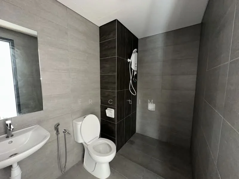Bathroom features: grey ceramic tile flooring, grey tile walls, white toilet, single-sink vanity with chrome faucet, framed mirror, shower area with handheld shower, wall-mounted shower heater; style: modern.