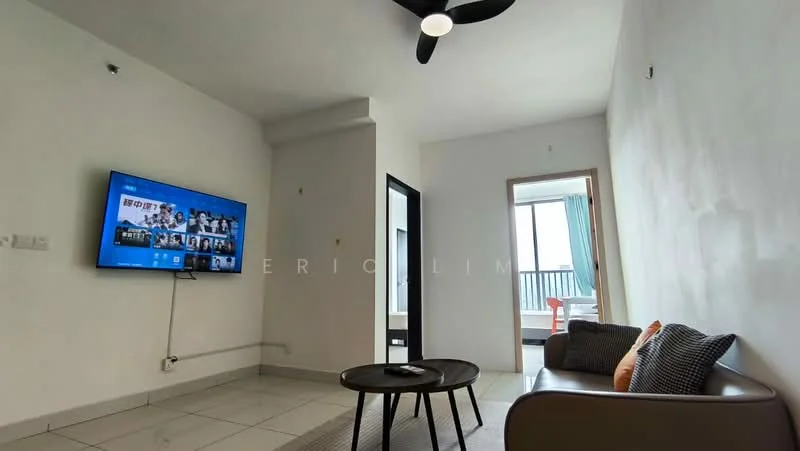 Living features: white painted walls, tile flooring, 5-blade ceiling fan, wall-mounted TV, coffee table, 2-seater fabric sofa in beige, decorative cushions, area rug, floor-to-ceiling windows, sliding glass door; style: modern; view: city.