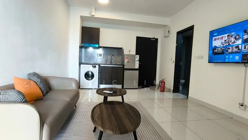 Living features: 3-seater fabric sofa in beige, 2 round wooden coffee tables, flat-screen TV mounted on wall, white painted walls, tile flooring, recessed downlights, floor-to-ceiling windows, kitchenette with stainless-steel appliances, built-in washing machine, stainless-steel fridge, black kitchen cabinetry; style: modern.