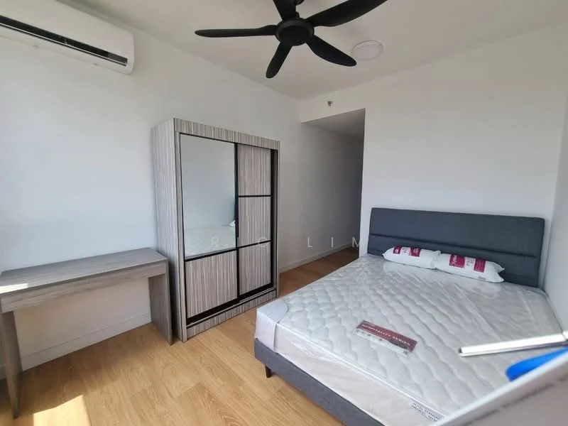 Bedroom features: queen-size bed, upholstered headboard, mattress, built-in wardrobe with mirrored doors, study desk, wooden flooring, wall-mounted split AC, ceiling fan; style: modern.