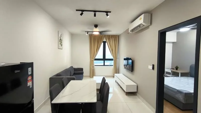 Living features: 3-seater fabric sofa in grey, 2-seater fabric sofa in grey, white dining table with 4 chairs, wall-mounted TV, ceiling fan with light, wall-mounted air conditioning unit, large window with city view, light-colored walls, glossy tile flooring; style: modern; view: city. Room features: bed with mattress, light-colored walls, window with curtains.