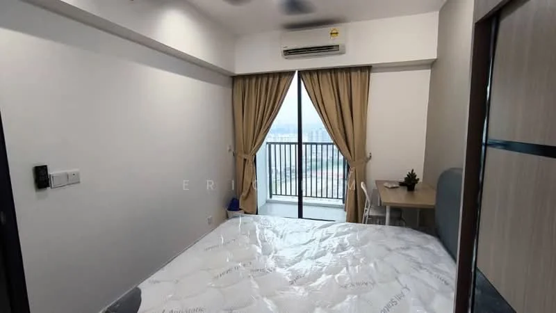Bedroom features: floor-to-ceiling windows, curtains, queen-size bed, upholstered headboard, wooden bedside table, wall-mounted air conditioning unit, light-colored walls, laminate flooring, decorative wall paneling; style: modern; view: city.