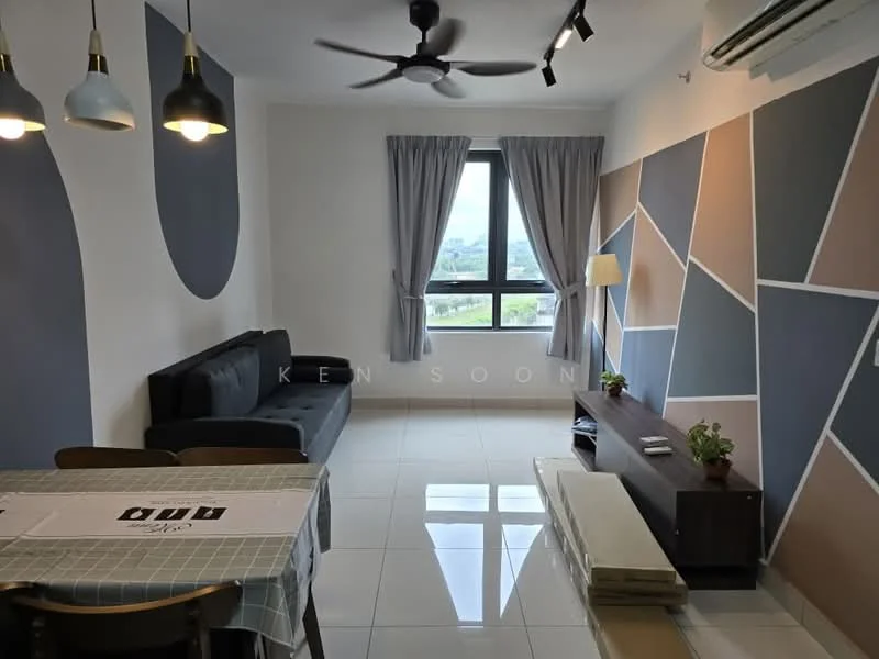 Living features: 3-seater fabric sofa in black, coffee table, TV console, wall-mounted TV, decorative wall with geometric patterns in beige, grey, and brown, floor-to-ceiling window, curtains, ceiling fan with light, recessed downlights, white tiled flooring, potted plant; style: modern; view: city.