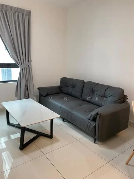Living features: 3-seater fabric sofa in grey, marble-top coffee table, white walls, grey curtains, glossy tile flooring, floor-to-ceiling window, natural light, minimalist decor; style: modern.