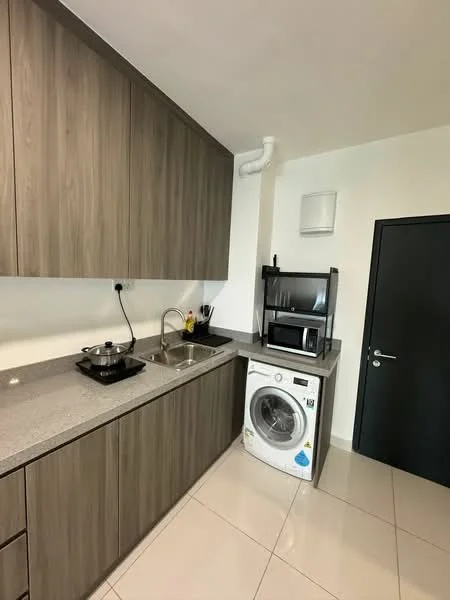 Kitchen features: grey laminate cabinetry, granite countertop, single-bowl stainless-steel sink, chrome pull-down faucet, built-in microwave, front-load washing machine, stainless-steel gas hob, white tiled backsplash, white walls, recessed downlights, ceramic tile flooring; style: modern.