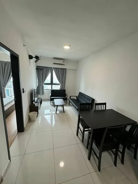 Living features: white painted walls, glossy tile flooring, 5-blade ceiling fan with light, floor-to-ceiling windows, grey curtains, black leather sofa, wooden coffee table, TV console, wall-mounted TV, 4-seater dining table, black dining chairs, air conditioning unit; style: modern; view: city.