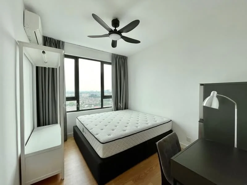 Bedroom features: queen-size bed with mattress, 5-blade ceiling fan, floor-to-ceiling window, grey curtains, white painted walls, wooden flooring, study desk, desk lamp, built-in wardrobe, air conditioning unit; style: modern; view: city.