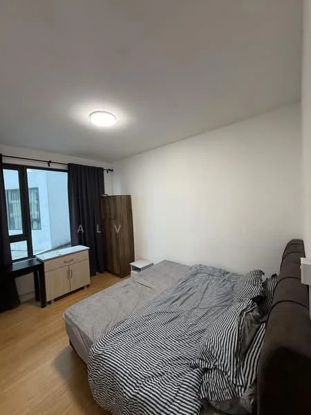 Bedroom features: queen-size bed with grey bedding, upholstered headboard, wooden wardrobe, white bedside table, black curtains, laminate flooring, recessed ceiling light, floor-to-ceiling window; style: modern.