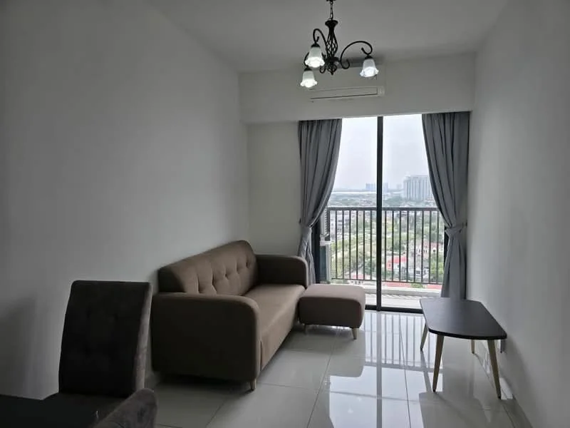 Living features: grey fabric 3-seater sofa, small wooden coffee table, floor-to-ceiling window, curtains in light grey, white painted walls, glossy white tile flooring, chandelier with three lights, wall-mounted split AC; style: modern; view: city.