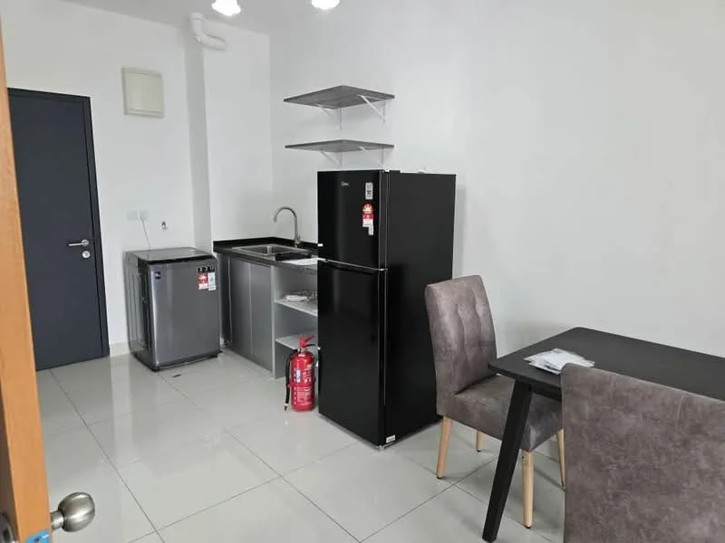 Kitchen features: black refrigerator, silver countertop, single-bowl stainless-steel sink, chrome pull-down faucet, black dining table, grey upholstered dining chairs, fire extinguisher, open shelving, white painted walls, white ceiling, tile flooring; style: modern.