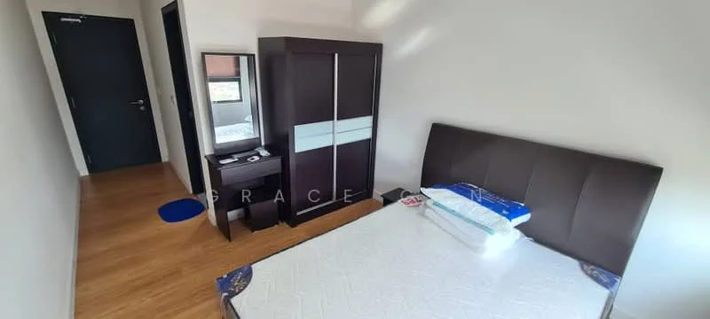 Bedroom features: queen-size bed, upholstered headboard, wooden wardrobe with sliding doors, mirror on dresser, wooden flooring, neutral painted walls, window with natural light, decorative bed linens; style: modern.