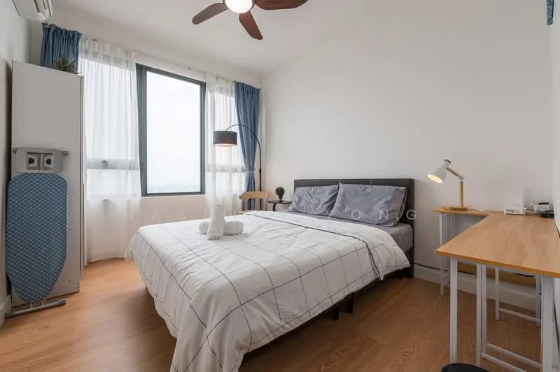 Bedroom features: king-size bed with grey bedding, upholstered headboard, 2 bedside lamps, wooden flooring, floor-to-ceiling window, curtains in blue, ceiling fan with light, study desk with lamp, white painted walls, ironing board, wall-mounted air conditioning unit; style: modern; view: city.