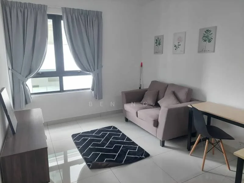 Living features: grey fabric sofa, wooden TV console, black dining table with two chairs, area rug with geometric pattern, floor-to-ceiling window, curtains, white painted walls, glossy tile flooring; style: modern.