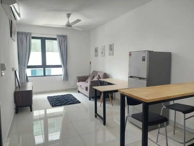 Living features: white painted walls, glossy tile flooring, 5-blade ceiling fan with light, floor-to-ceiling window, sheer curtains, grey fabric sofa, wooden dining table, 2 black dining chairs, black area rug with geometric pattern, stainless-steel fridge; style: modern.