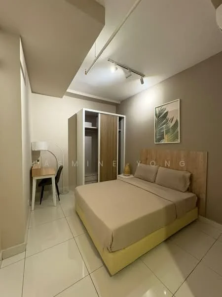 Bedroom features: queen-size bed with beige bedding, wooden headboard, built-in wardrobe with sliding doors, study desk with lamp, white ceramic tile flooring, recessed ceiling lights, neutral painted walls, framed artwork on wall; style: modern.