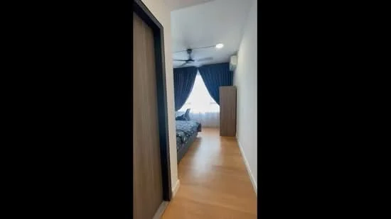 Bedroom features: wooden flooring, ceiling fan, large window with sheer curtains, bed with patterned bedding, built-in wardrobe, decorative wall, wall-mounted air conditioning unit; style: modern. Hallway features: light-colored walls, wooden door, natural light from window.
