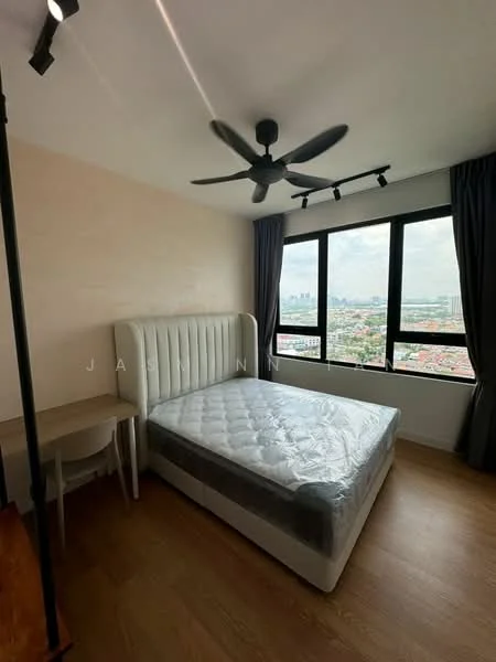 Bedroom features: king-size bed, upholstered headboard, bedside table, ceiling fan, floor-to-ceiling windows, grey curtains, wooden flooring, city view; style: modern; view: city.