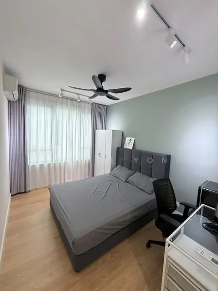 Bedroom features: king-size bed with grey bedding, upholstered headboard in grey, 2 bedside cabinets, black office chair, white study desk, floor-to-ceiling windows with sheer curtains, 5-blade ceiling fan with light, wooden flooring, built-in wardrobe in white, decorative wall art; style: modern.