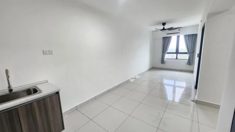 Room features: white painted walls, glossy ceramic tile flooring, ceiling fan, single-bowl stainless-steel sink, wood cabinetry, large window with city view, curtains, air conditioning unit; style: modern; view: city.