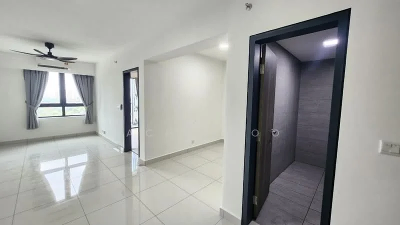 Living features: white painted walls, glossy ceramic tile flooring, 5-blade ceiling fan with light, floor-to-ceiling windows, curtains, natural light, neutral color scheme, open layout; style: modern; view: city. Room features: grey tiled walls, shower area, doorway, light fixture.