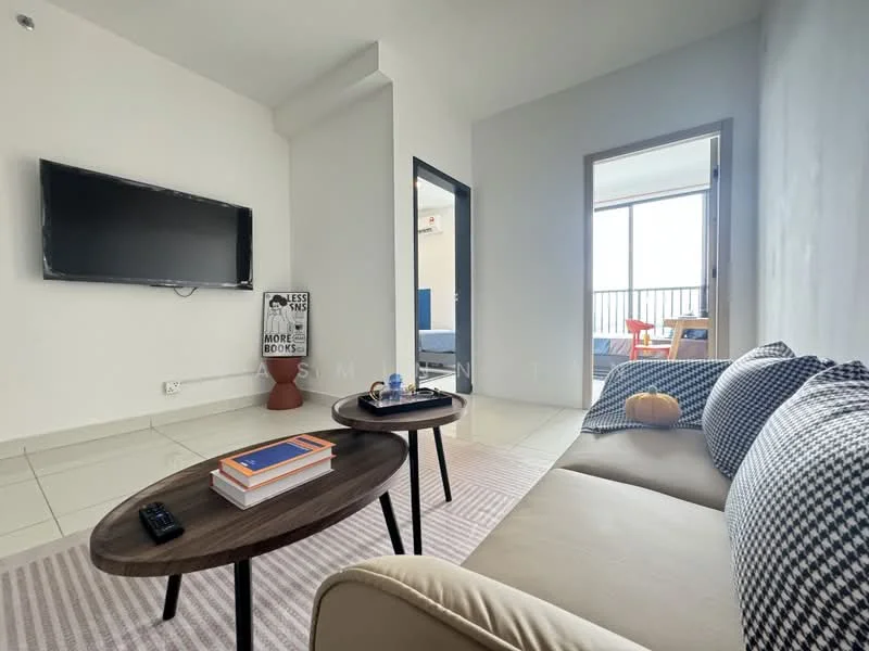 Living features: light grey walls, white ceiling, large window with city view, floor-to-ceiling window, light-colored sofa, plaid throw pillows, wooden coffee table, black remote control, decorative books, area rug with geometric pattern, wall-mounted TV, minimalist decor; style: modern; view: city.