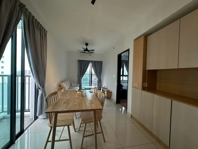 Dining features: wooden dining table, 4 wooden dining chairs, floor-to-ceiling windows, grey curtains, white walls, white tiled flooring, ceiling fan, built-in cabinetry, open layout, view of balcony; style: modern; view: city. Living features: sofa, coffee table, TV console, wall-mounted TV, grey curtains, white walls, white tiled flooring, ceiling fan; style: modern; view: city.