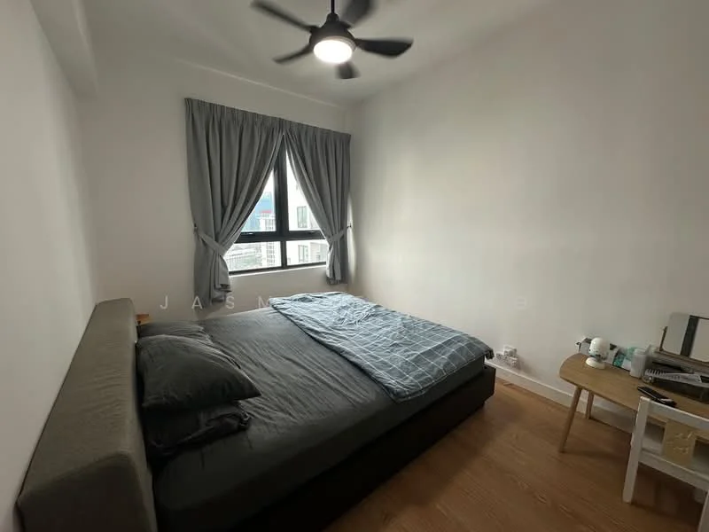 Bedroom features: queen-size bed, upholstered headboard, grey bedding, light grey curtains, floor-to-ceiling window, wooden flooring, ceiling fan, side table, table lamp, decorative items on table; style: modern.