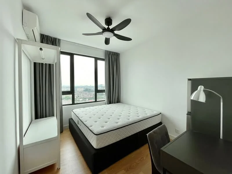 Bedroom features: queen-size bed with mattress, 5-blade ceiling fan, floor-to-ceiling windows, grey curtains, wooden flooring, study desk, desk lamp, white bedside table, air conditioning unit; style: modern; view: city.