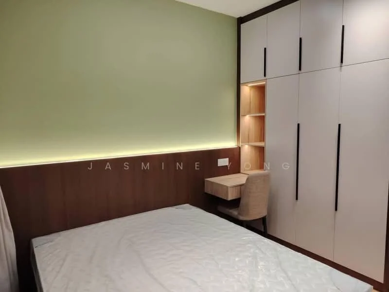 Bedroom features: green painted walls, wood paneling, built-in wardrobe with white doors, desk with chair, LED strip lighting, queen-size bed without bedding, laminate flooring; style: modern.