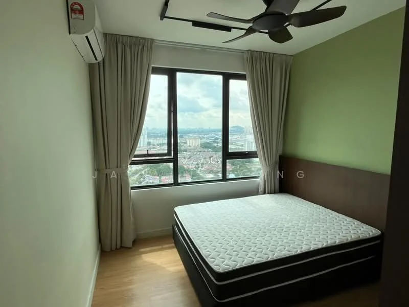 Bedroom features: floor-to-ceiling windows, green accent wall, light wood flooring, 5-blade ceiling fan, curtains, air conditioning unit, queen-size bed base without mattress, built-in wardrobe; style: modern; view: city.