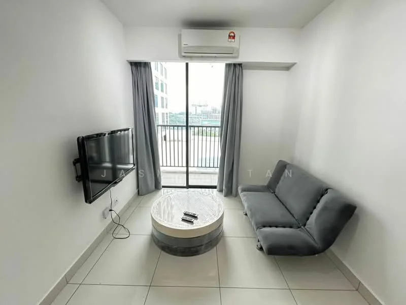 Living features: grey fabric sofa, round coffee table with marble top, wall-mounted flat-screen TV, floor-to-ceiling window, sliding glass door, grey curtains, white painted walls, tile flooring, wall-mounted split AC; style: modern; view: city.