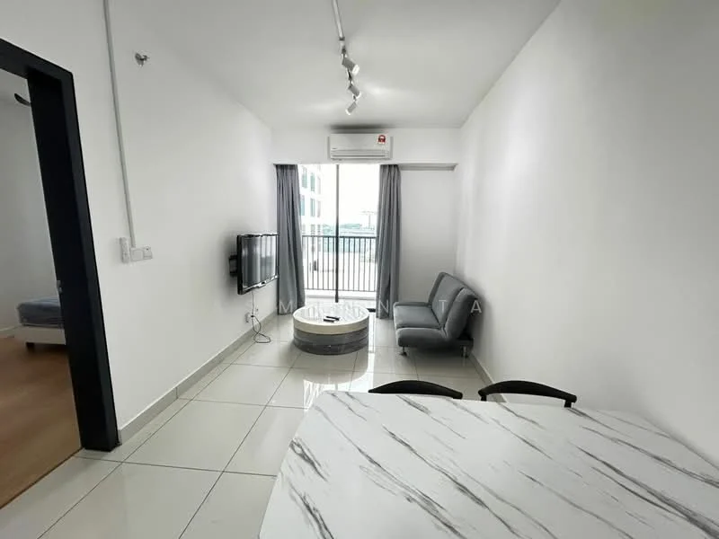 Living features: white painted walls, grey tiled flooring, 5-blade ceiling fan with light, floor-to-ceiling windows, sliding glass door, grey fabric sofa, round coffee table, wall-mounted TV, curtains, air conditioning unit; style: modern; view: city. Room features: wooden flooring.