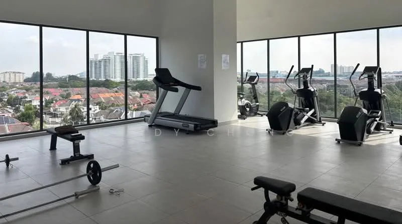 Gym features: treadmill, stationary bike, weight bench, free weights, large floor-to-ceiling windows, grey tiled flooring, city view, exercise mats; style: modern; view: city.