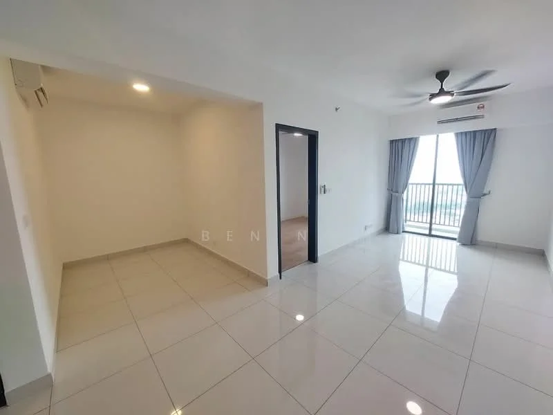 Living features: glossy ceramic tile flooring, white painted walls, recessed downlights, 5-blade ceiling fan, floor-to-ceiling windows, sliding glass door, sheer curtains, balcony access, air conditioning unit; style: modern; view: city. Room features: white painted walls, glossy ceramic tile flooring, air conditioning unit.