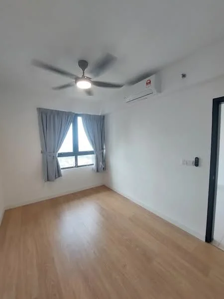 Bedroom features: light wood laminate flooring, white painted walls, 5-blade ceiling fan with light, floor-to-ceiling window, curtains, wall-mounted split AC, door to hallway; style: modern; view: city.