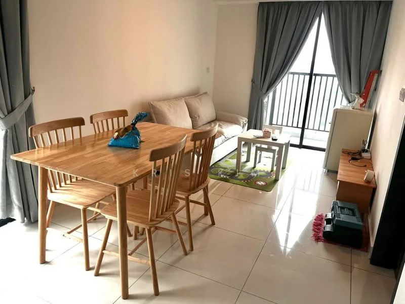 Living features: light grey fabric sofa, wooden dining table with 6 chairs, green area rug, white side table, small white fridge, wooden console table, floor-to-ceiling windows with black railing, curtains in grey fabric, white tiled flooring, decorative items on table; style: modern.