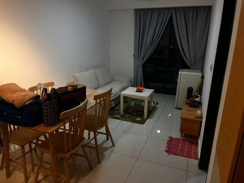 Living features: white painted walls, glossy tile flooring, sofa in white fabric, wooden dining table with 4 chairs, coffee table in white, floor-to-ceiling window with sheer curtains, air conditioning unit, decorative area rug, wooden side table, decorative items on table; style: modern.